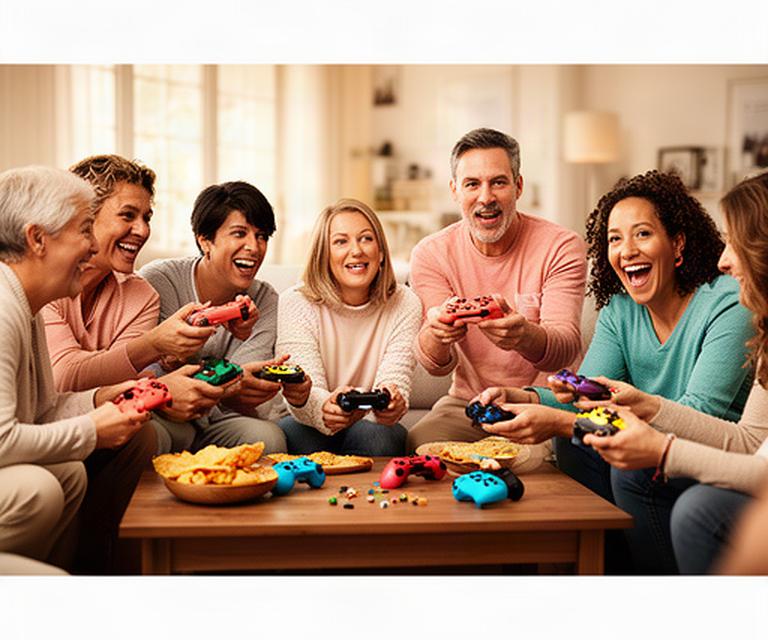 Friends gathered around a home gaming table, sharing controllers and talking through a cooperative match
